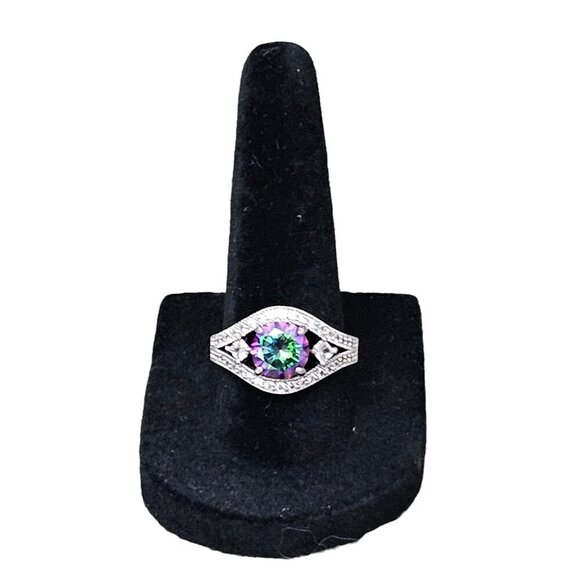 Lab Created New Round Faceted Mystic Topaz CZ Halo Silver Tone Accent Ring - Picture 2 of 8